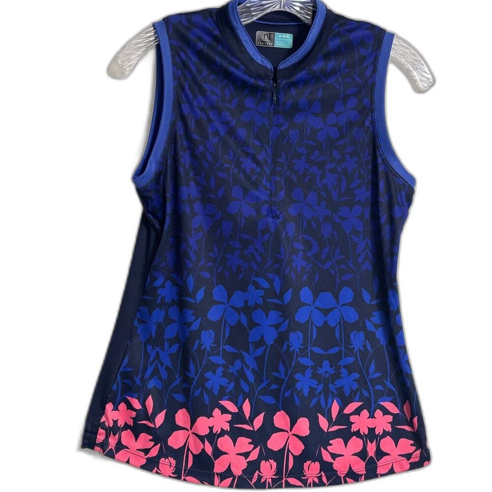 PGA Tour Women's 1/4 Zip Mock Neck Sleeveless Navy and Pink Floral Golf Top Sz M
